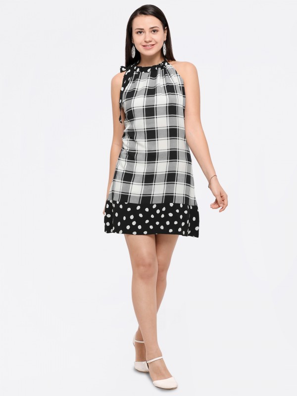 Black & White Checks Neck Tie Knot Bottom Polkadots Flair Dress